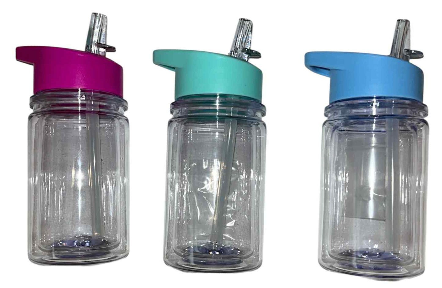 Three clear plastic water bottles with colorful lids on a white background